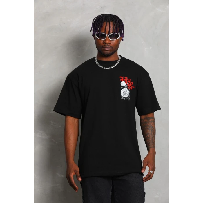 ieg™      Oversize Baskılı Bisiklet Yaka T-Shirt - Siyah -