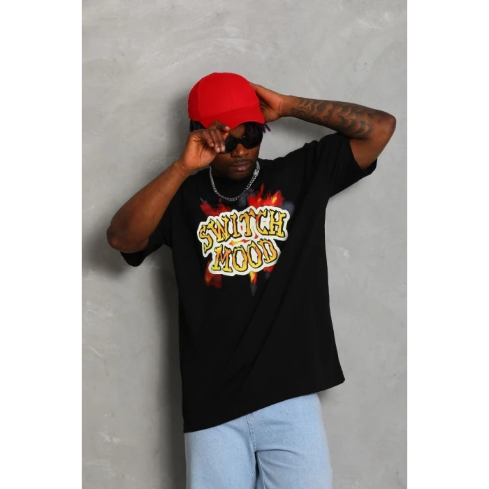 ieg™      Oversize Baskılı Bisiklet Yaka T-Shirt - Siyah -