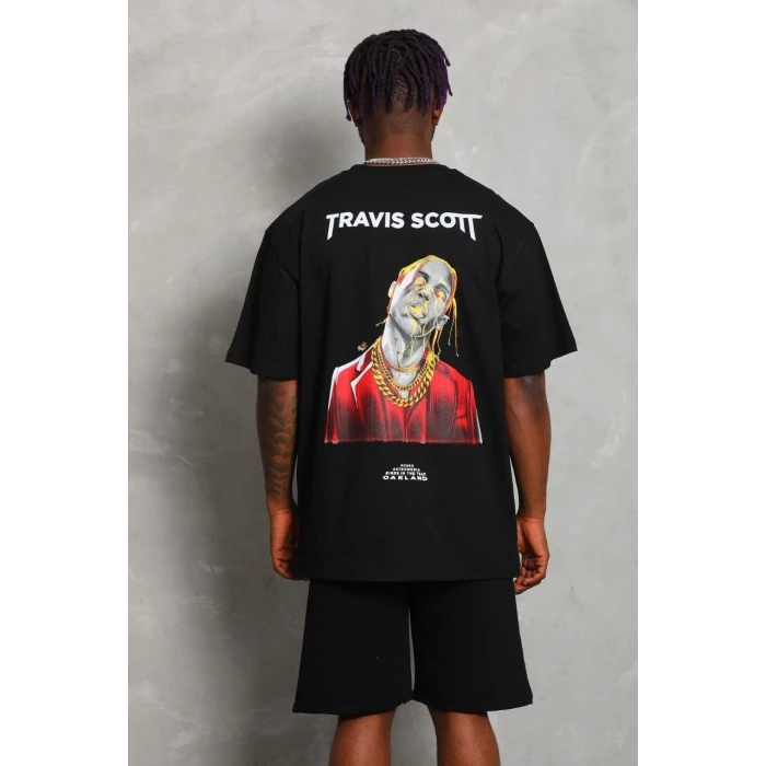 ieg™      Oversize Baskılı Bisiklet Yaka T-Shirt - Siyah -