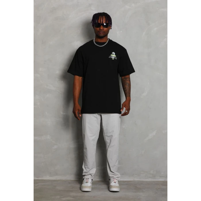 ieg™      Oversize Baskılı Bisiklet Yaka T-Shirt - Siyah -