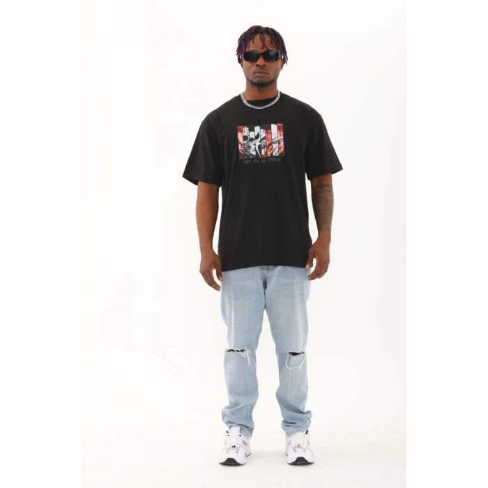 ieg™      Oversize Baskılı Bisiklet Yaka T-Shirt - Siyah -