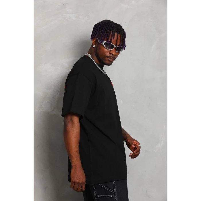 ieg™      Oversize Baskılı Bisiklet Yaka T-Shirt - Siyah -