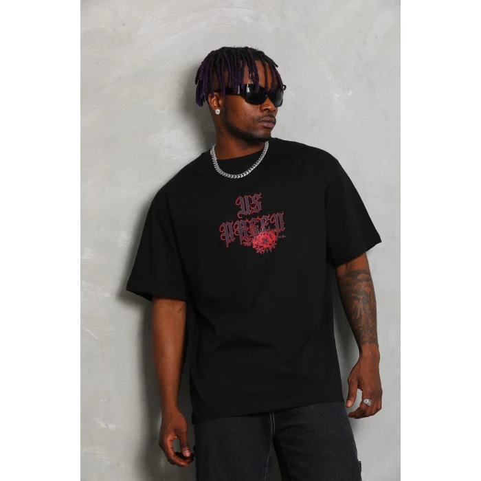 ieg™      Oversize Baskılı Bisiklet Yaka T-Shirt - Siyah -