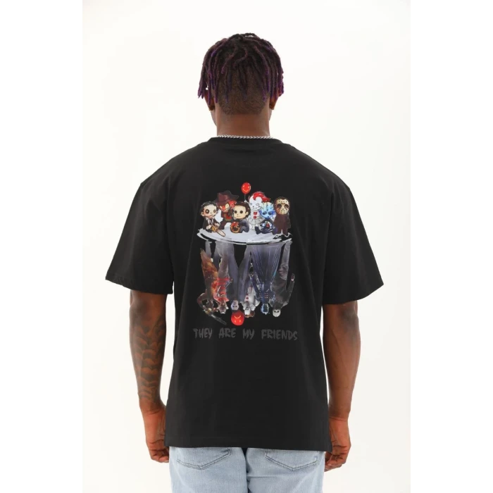 ieg™      Oversize Baskılı Bisiklet Yaka T-Shirt - Siyah -