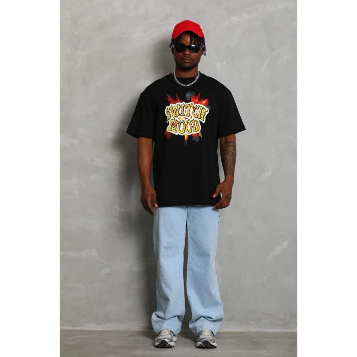 ieg™      Oversize Baskılı Bisiklet Yaka T-Shirt - Siyah -