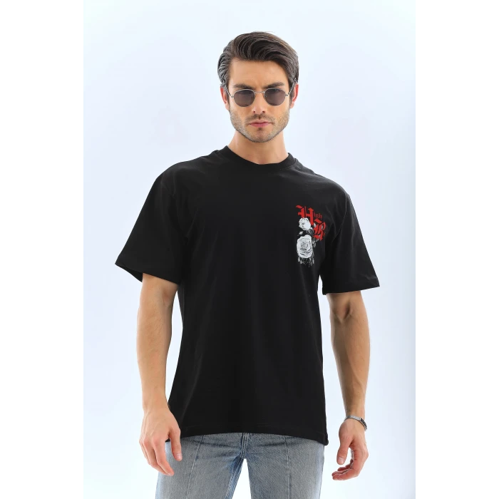 ieg™      Oversize Baskılı Bisiklet Yaka T-Shirt - Siyah -