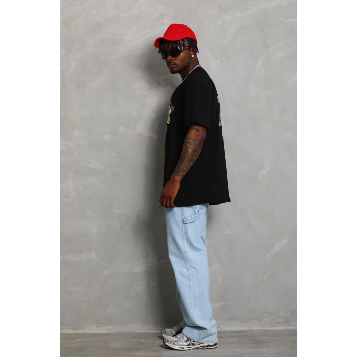 ieg™      Oversize Baskılı Bisiklet Yaka T-Shirt - Siyah -