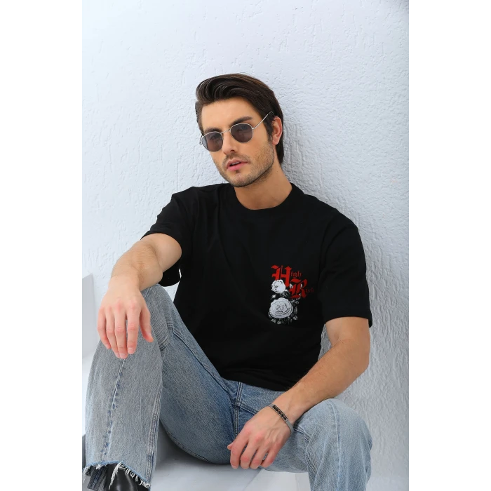 ieg™      Oversize Baskılı Bisiklet Yaka T-Shirt - Siyah -