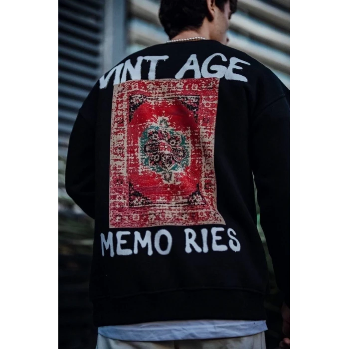 ieg™ Oversize Bisiklet Yaka Üç İplik Baskılı SweatShirt - Siyah