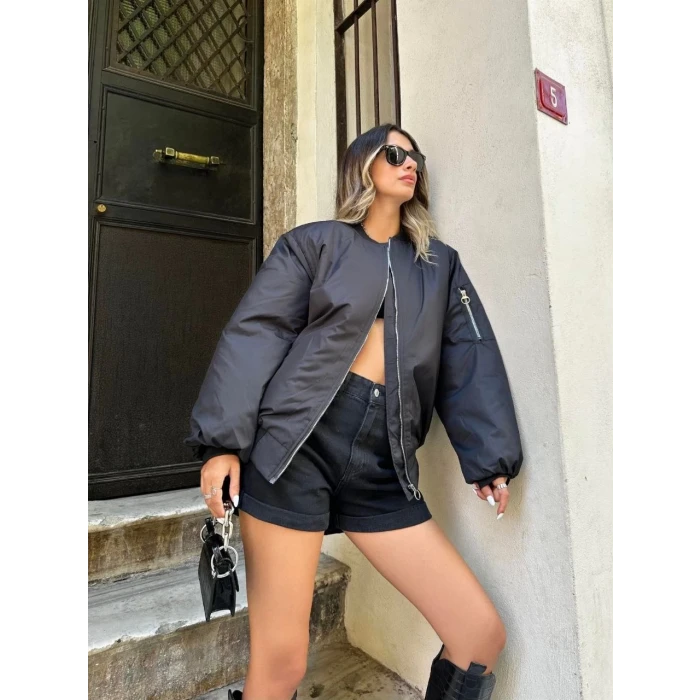 ieg™      Oversize Bomber Ceket – Siyah, Fermuarlı, Sokak Modası Tarzı Mont - Siyah -