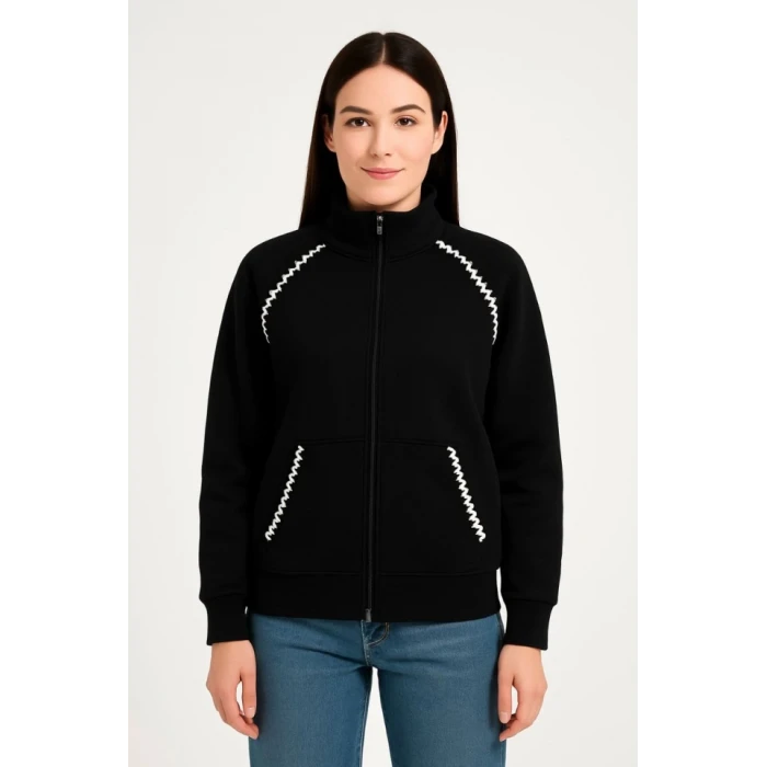 ieg™ Oversize Dik Yaka Fermuarlı Sweatshirt - Zincir Nakışli Kanguru Cepli, - Siyah