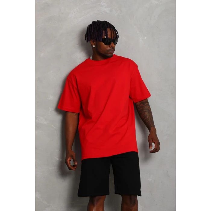 ieg™      Oversize Düz Bisiklet Yaka T-Shirt - Kırmızı -