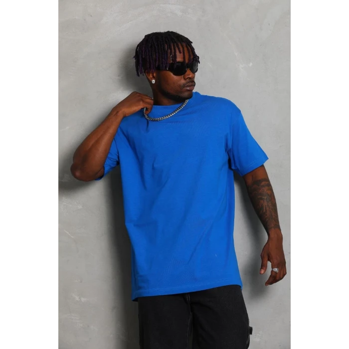 ieg™      Oversize Düz Bisiklet Yaka T-Shirt - Mavi -