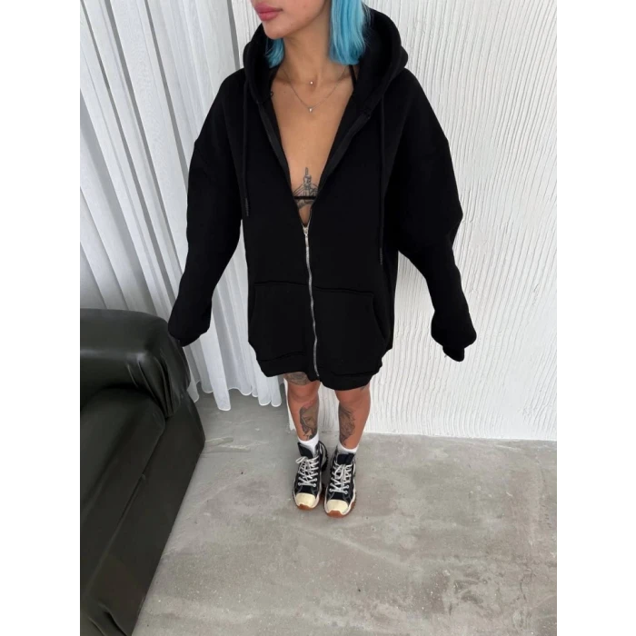 ieg™ Oversize Tam Fermuarlı Uzun Kol Hırka - Siyah