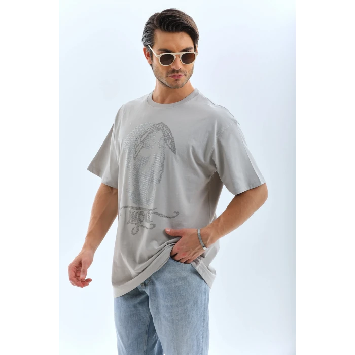 ieg™      Oversize Taşlı Bisiklet Yaka T-Shirt - Gri -