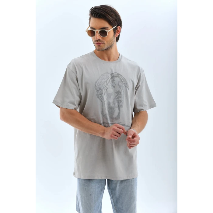 ieg™      Oversize Taşlı Bisiklet Yaka T-Shirt - Gri -