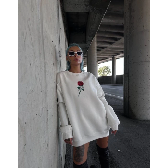 ieg™ Oversize Üç İplik Bisiklet Yaka Baskılı SweatShirt - Beyaz