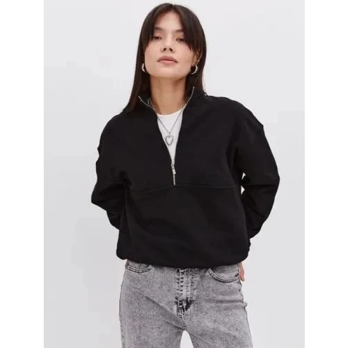 ieg™ Oversize Yarım Farmuarlı Yakalı Basic SweatShirt - Siyah