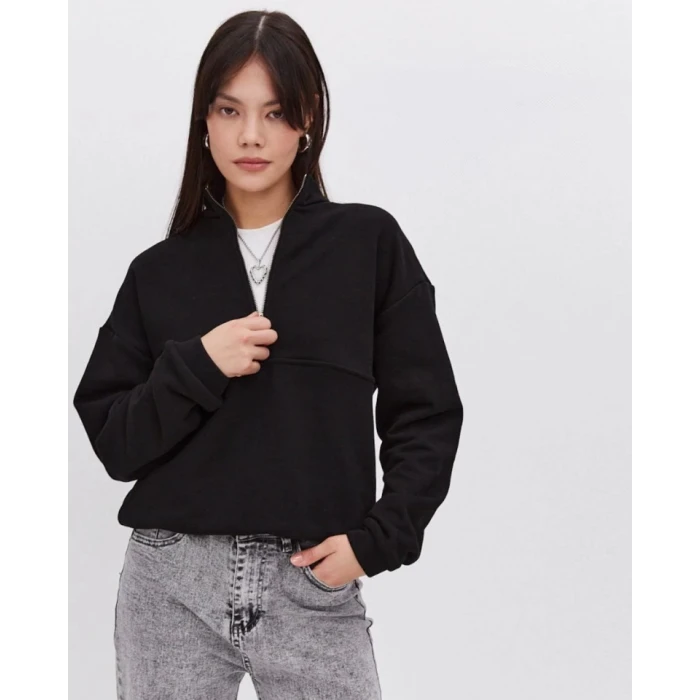ieg™ Oversize Yarım Farmuarlı Yakalı Basic SweatShirt - Siyah