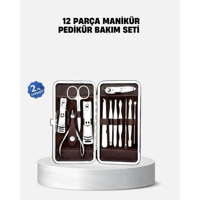 ieg™ Özel Deri Çantalı 12 Parça Manikür Pedikür Bakım Seti Paslanmaz Çelik