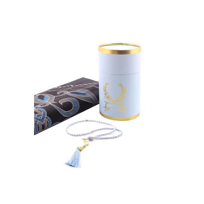 ieg ™ Özel Silindir Kutuda Tafta İpek Seccade ve İnci Tesbih Lüks Set Mavi
