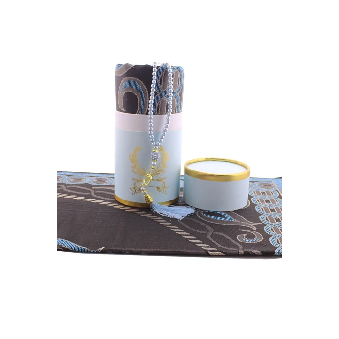 ieg ™ Özel Silindir Kutuda Tafta İpek Seccade ve İnci Tesbih Lüks Set Mavi