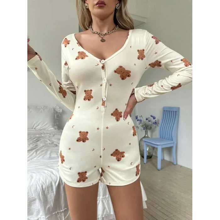 ieg ™ Pamuklu Ekru Ayıcık Desenli Düğmeli Tulum Pijama