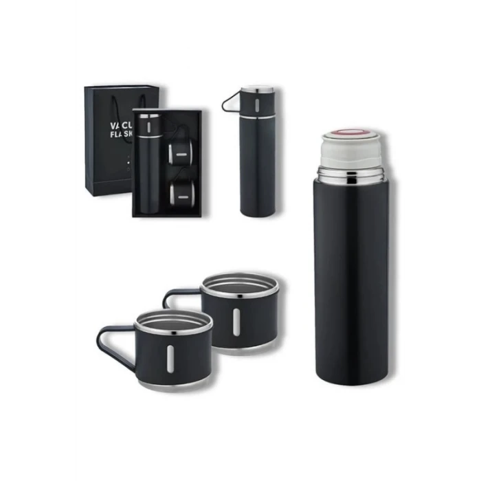 ieg ™ Paslanmaz Çelik Termos 3 Bardaklı Termos Seti Vakumlu  Kamp Termos Set Siyah