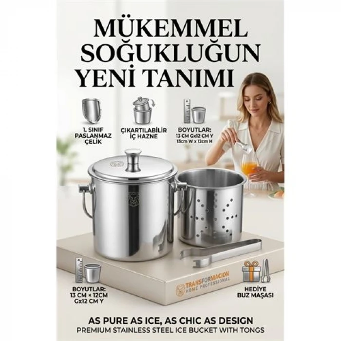 ieg™ Paslanmaz Inox Parlak Çelik Buz Kovası Seti - Süzgeçli Ve Buz Maşası Hediyeli 723145