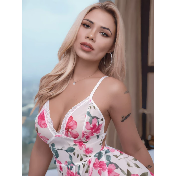 ieg™ Pembe Çiçek Desenli Dantel Gecelik