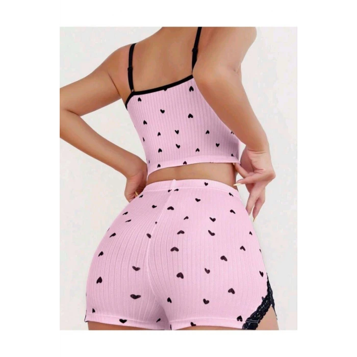 ieg™ Pembe Kalp Desenli Askılı Şortlu Pijama Takım