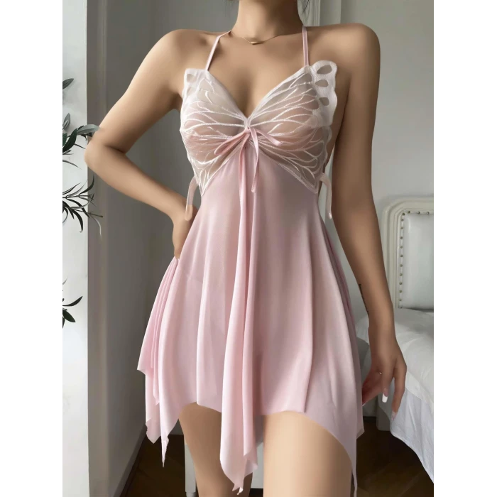 ieg™ Pembe Kelebek İşlemeli Tül Fantezi Gecelik