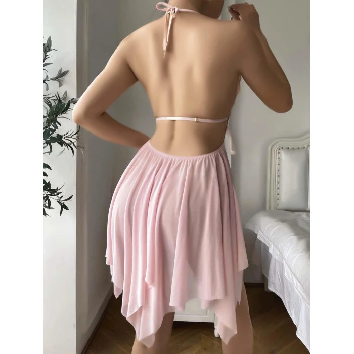 ieg™ Pembe Kelebek İşlemeli Tül Fantezi Gecelik