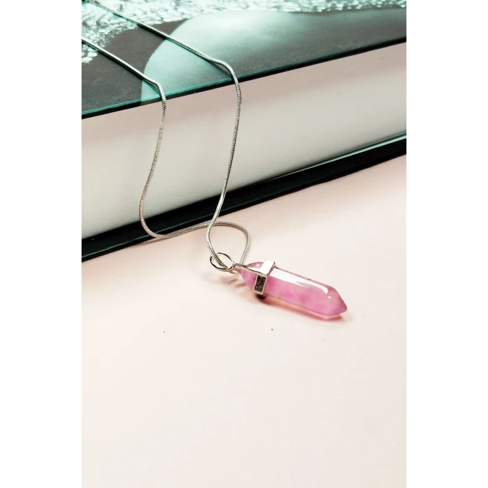 İEG Pembe Kuvars Doğal Taşı Zincirli El Yapımı Tasarımlı Kolye Uç: 3,5 cm Zincir: 20 cm Kutulu