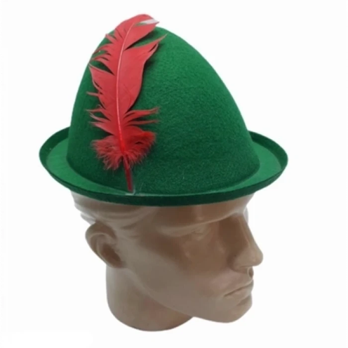 ieg™ Peter Pan Şapkası Yeşil Renk Kırmızı Tüylü