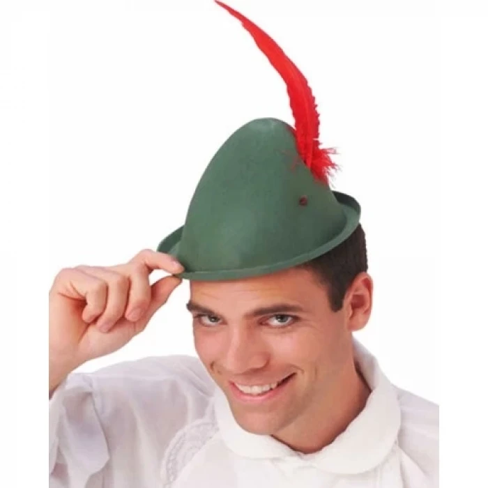ieg™ Peter Pan Şapkası Yeşil Renk Kırmızı Tüylü