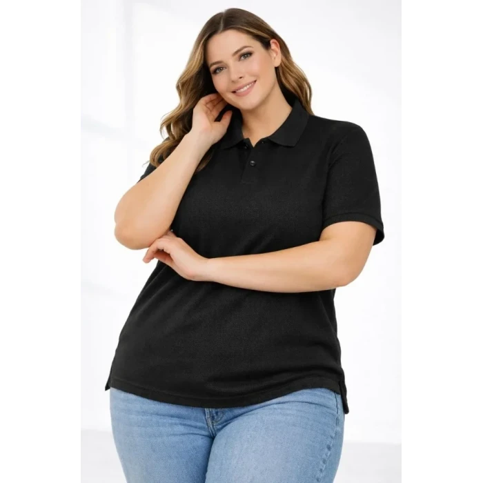 ieg™ Pike Kumaş Düğmeli Yaka Battal Büyük Beden Günlük Kısa Kol Tişört T-shirt - Siyah