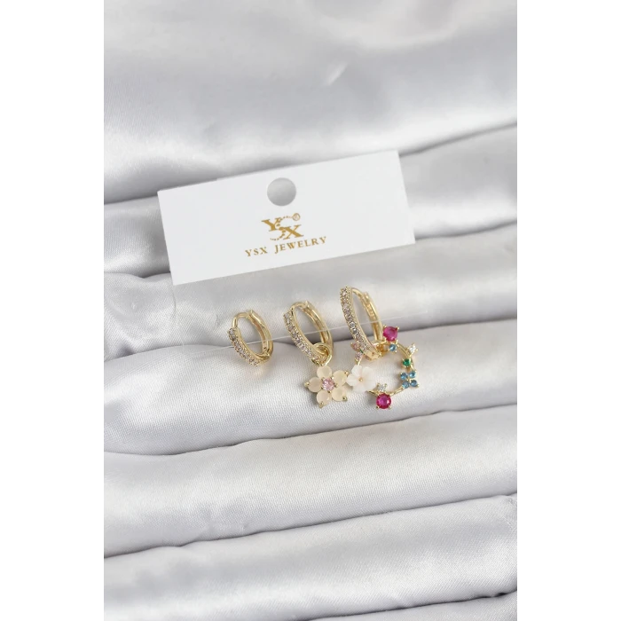 ieg™ Pirinç Gold Renk Çiçek Model 3lü Kadın Küpe