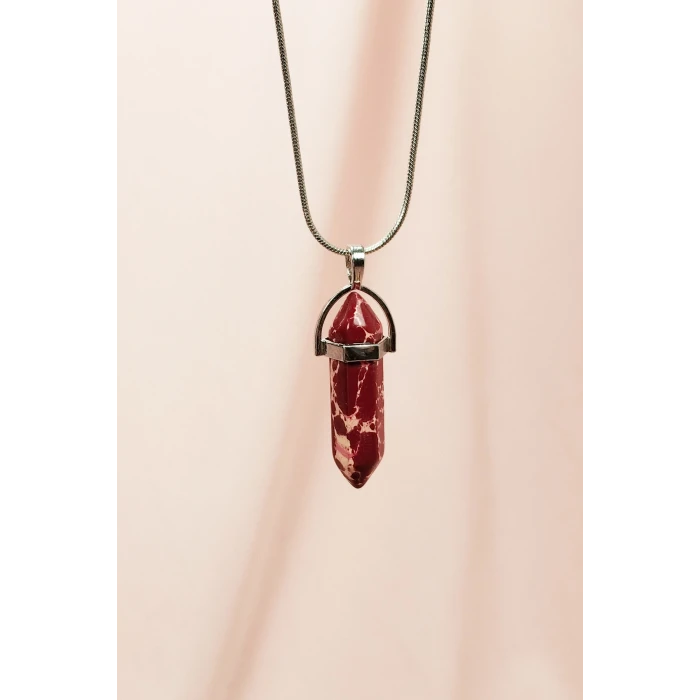 İEG Rodokrozit Doğal Taşı Zincirli El Yapımı Tasarımlı Kolye Uç: 3,5 cm Zincir: 20 cm Kutulu