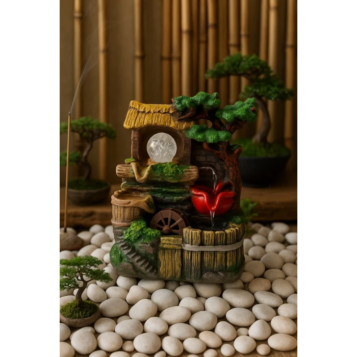 ieg ™ Rustik Köy Evi Temalı LED Işıklı Su Değirmeni Dekoratif Şelale- E