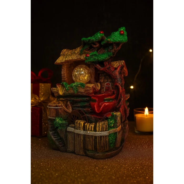 ieg ™ Rustik Köy Evi Temalı LED Işıklı Su Değirmeni Dekoratif Şelale- E