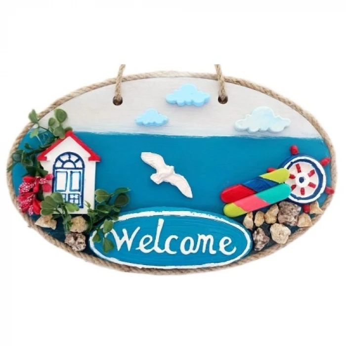 ieg™ Sahil Kasabası Welcome Yazılı El Yapımı Kapı Süsü