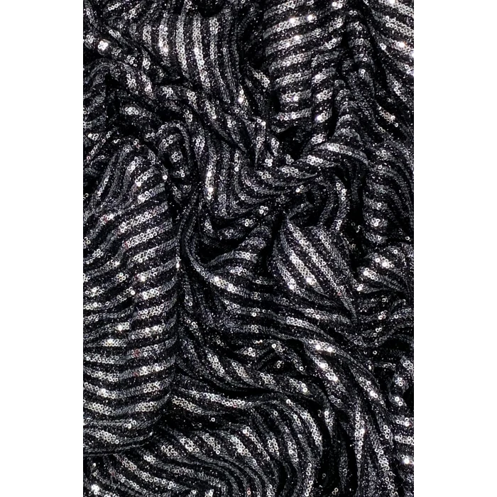 İEG Sakallı Çizgili Pullu Kumaş  Pullu Payet Kumaş Abiye Nişan Düğün Siyah