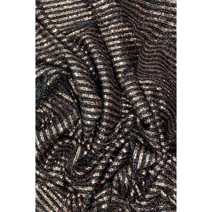 İEG Sakallı Çizgili Pullu Kumaş  Pullu Payet Kumaş Abiye Nişan Düğün Siyah Bakır