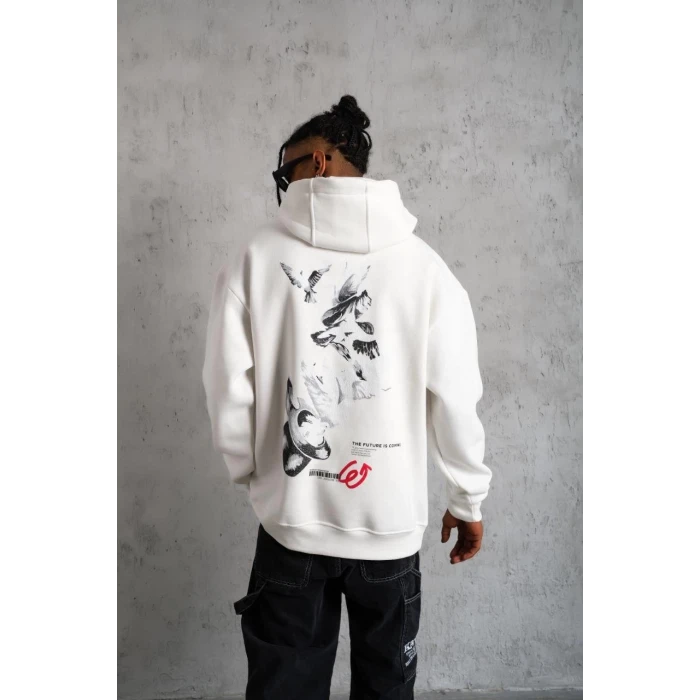 ieg™      Şapkalı Güvercin Baskılı Kapşonlu Sweat - Beyaz -