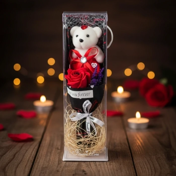 ieg™ Şeffaf Kutulu Ayıcıklı Gül Buketi