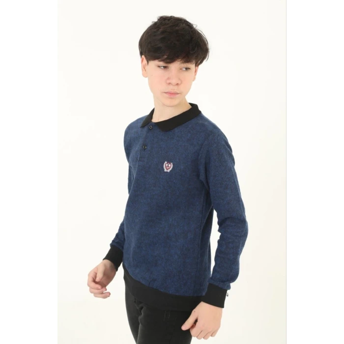 ieg™      Selanik Yaka Nakışlı Kazak - Lacivert -