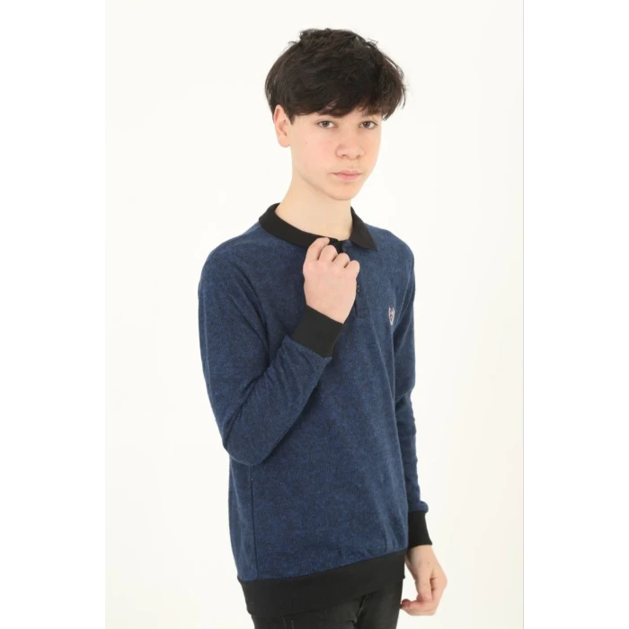 ieg™      Selanik Yaka Nakışlı Kazak - Lacivert -