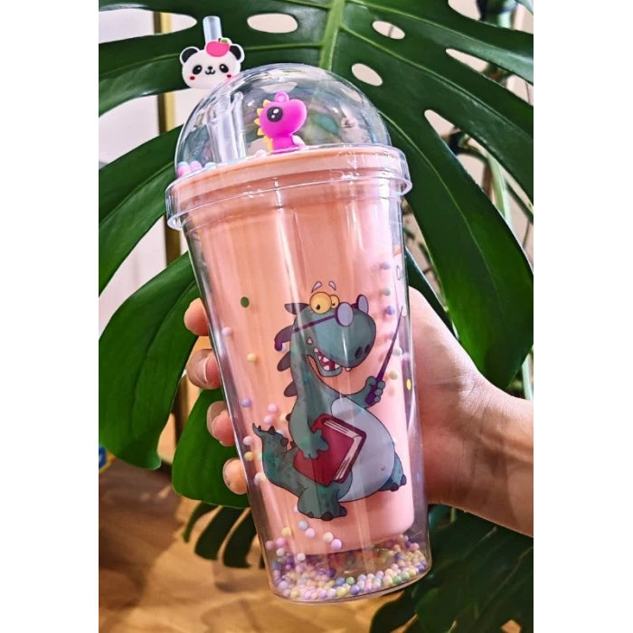 ieg ™ Sevimli Dino Temalı Çift Katman 450 ml Suluk Pipetli Mika Matara Pembe 2769