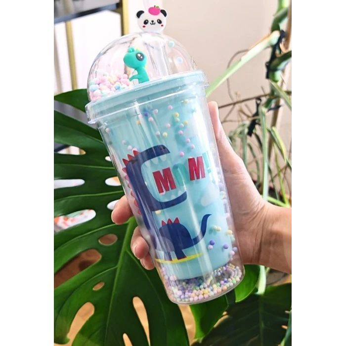 ieg ™ Sevimli Dino Temalı Çift Katman 450 ml Suluk Pipetli Mika Mavi 2769